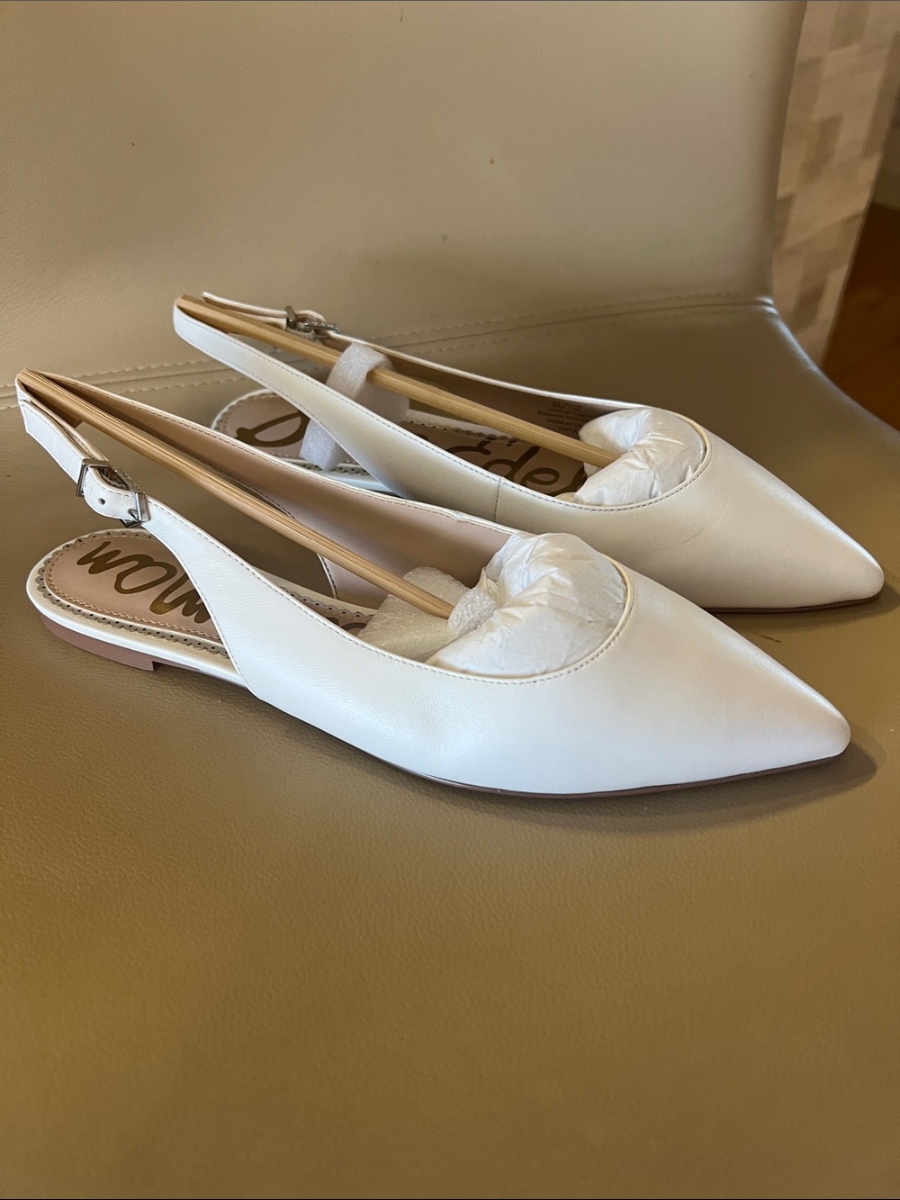 Sam Edelman White Pointed Slingback Flats - Leather Low Heel